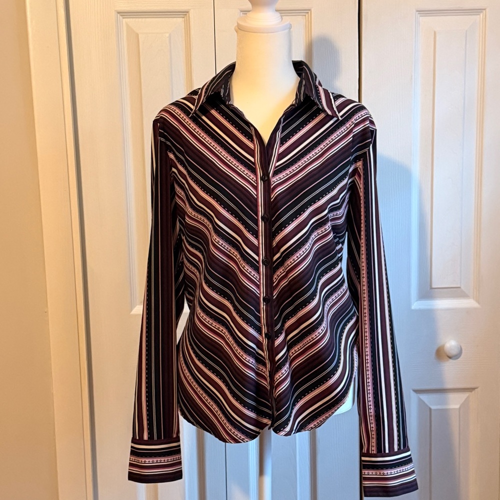 Ninety Women's Striped Button Down Shirt - Black and Pink/Purple